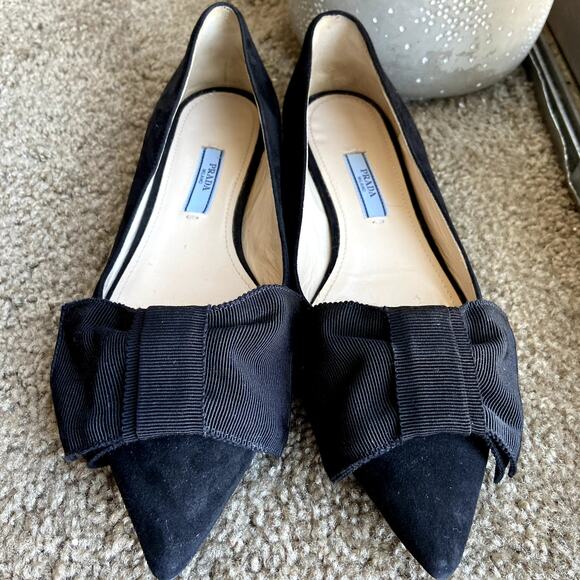 Prada Suede Ballet Flats Grosgrain Bow Pointed Toe Black 5 - Picture 5 of 7